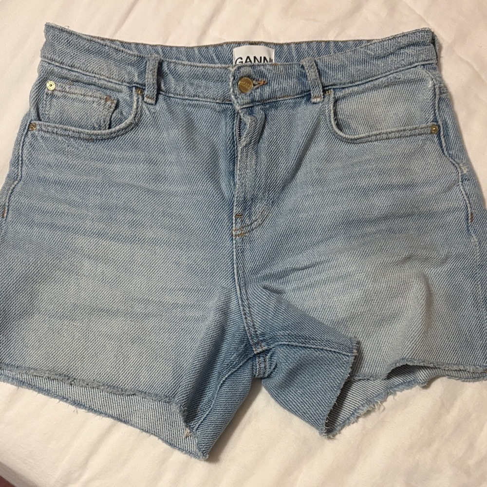 Ganni Light Wash High-Rise Denim Shorts